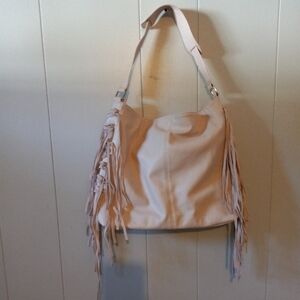 Expressions NYC Hobo Shoulder Cross Body Bag with Fringe Blush Pink..